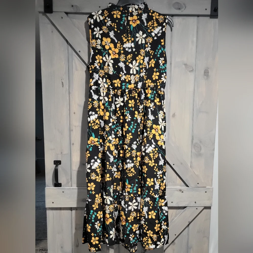 Floral Shirred Mock Neck Cut Out Pocket Ruffle Hem Dress - Picture 10 of 15